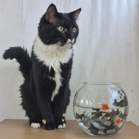 cute_cat, black_and_white_fur, playing_with_fish, fish_in_fishbowl, playful_pose, curious_expression, vibrant_colors, indoor_scene, adorable, heartwarming_moment, detailed_fur, glass_fishbowl, aquatic_environment
masterpiece, best quality, newest, absurdres, highres