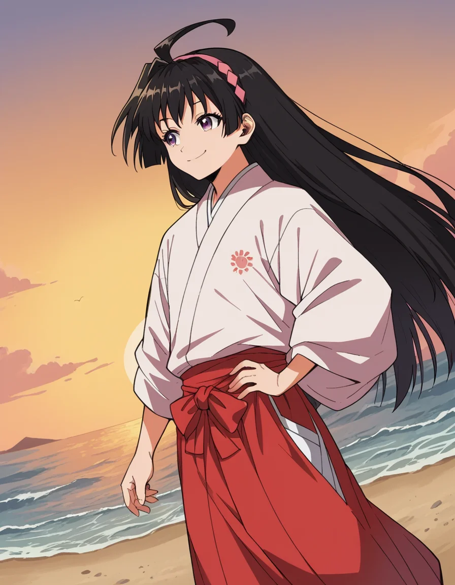 score_9, score_8_up, score_7_up, source_anime, <lora:ayako-mochizuki-s1-ponyxl-lora-nochekaiser:1>, ayako mochizuki, long hair, black hair, purple eyes, ahoge, hairband,, skirt, japanese clothes, hakama, miko, red hakama,, beach, sunset, walking along shore, footprints in sand, waves, peaceful, smile, , smug, hand on hips,, solo,, cowboy shot, dutch angle
