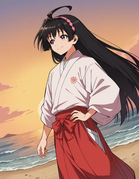 score_9, score_8_up, score_7_up, source_anime, <lora:ayako-mochizuki-s1-ponyxl-lora-nochekaiser:1>, ayako mochizuki, long hair, black hair, purple eyes, ahoge, hairband,, skirt, japanese clothes, hakama, miko, red hakama,, beach, sunset, walking along shore, footprints in sand, waves, peaceful, smile, , smug, hand on hips,, solo,, cowboy shot, dutch angle