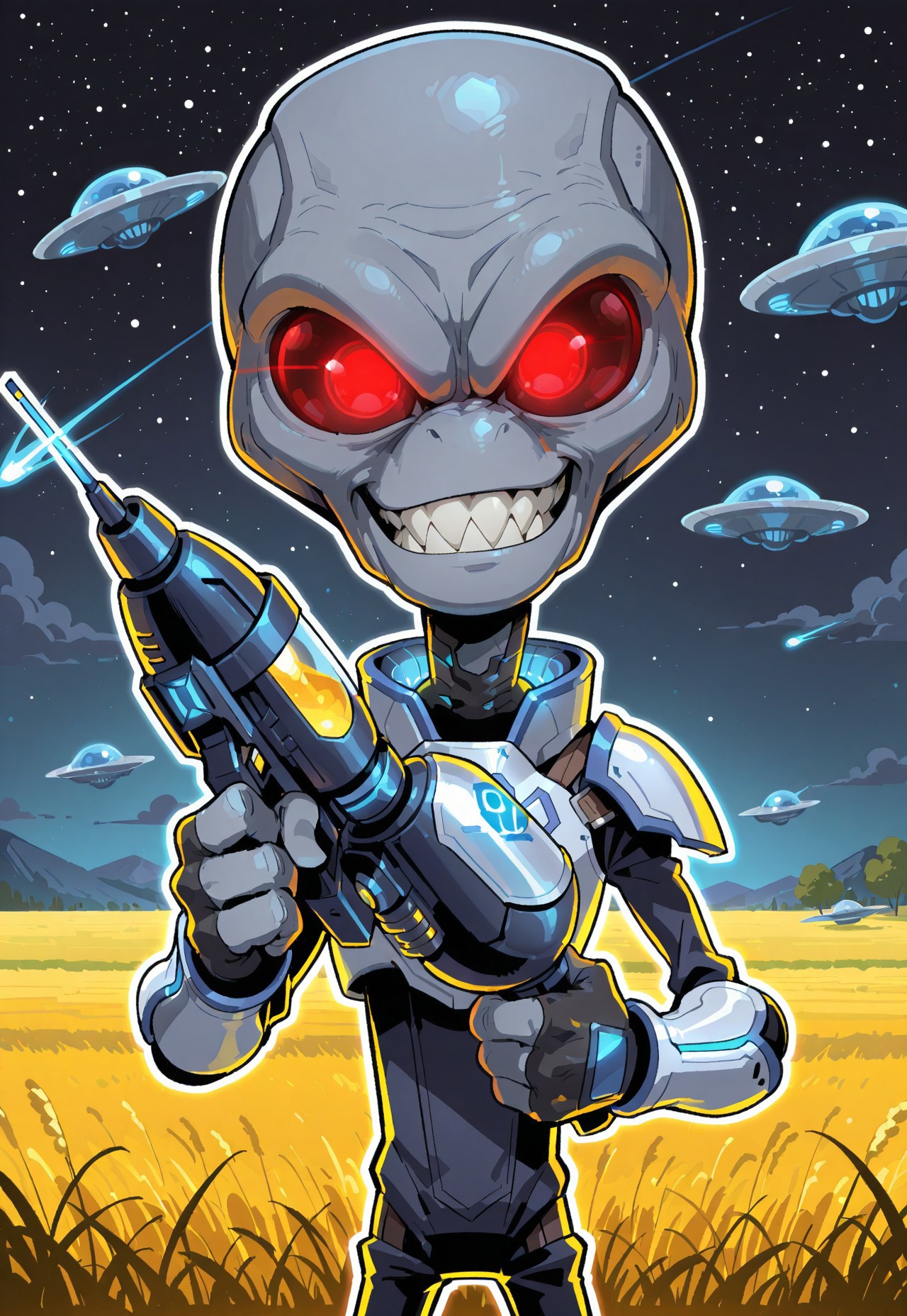 score_9, score_8, score_7, score_6_up, (crypto, 1boy, male, solo, alien, grey alien, big head, elongated head, red eyes, glowing eyes, sharp teeth, armor,) teeth, smiling, cowboy shot, three-quarters view, close-up, thumbs up, 2d, illustration, thick outline, shading, 4fingers, looking at viewer, red farm, field, night, outdoors, flying saucer, holding space gun, three-quarters view, cartoony, CS-BRYO,
