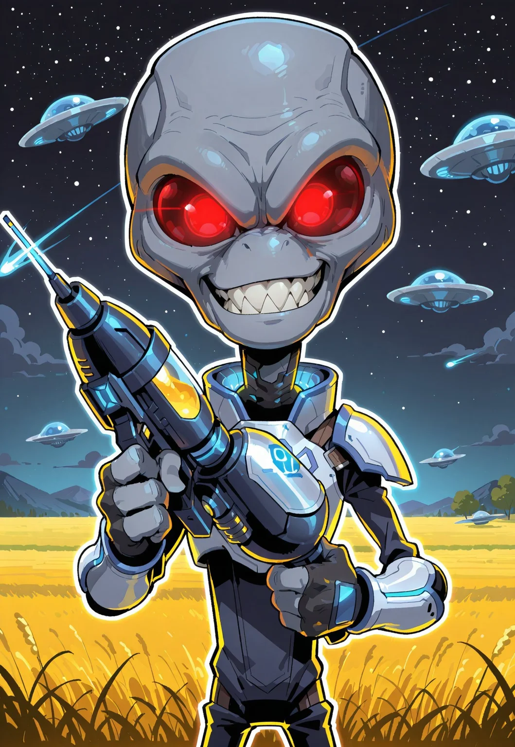 score_9, score_8, score_7, score_6_up, (crypto, 1boy, male, solo, alien, grey alien, big head, elongated head, red eyes, glowing eyes, sharp teeth, armor,) teeth, smiling, cowboy shot, three-quarters view, close-up, thumbs up, 2d, illustration, thick outline, shading, 4fingers, looking at viewer, red farm, field, night, outdoors, flying saucer, holding space gun, three-quarters view, cartoony, CS-BRYO,