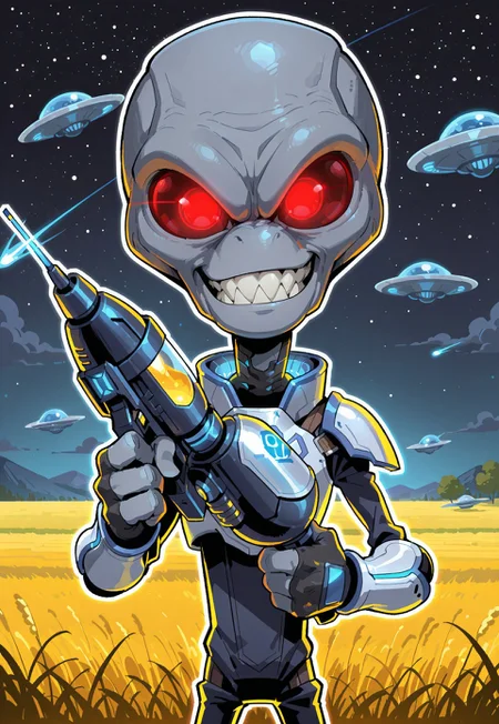 score_9, score_8, score_7, score_6_up, (crypto, 1boy, male, solo, alien, grey alien, big head, elongated head, red eyes, glowing eyes, sharp teeth, armor,) teeth, smiling, cowboy shot, three-quarters view, close-up, thumbs up, 2d, illustration, thick outline, shading, 4fingers, looking at viewer, red farm, field, night, outdoors, flying saucer, holding space gun, three-quarters view, cartoony, CS-BRYO,