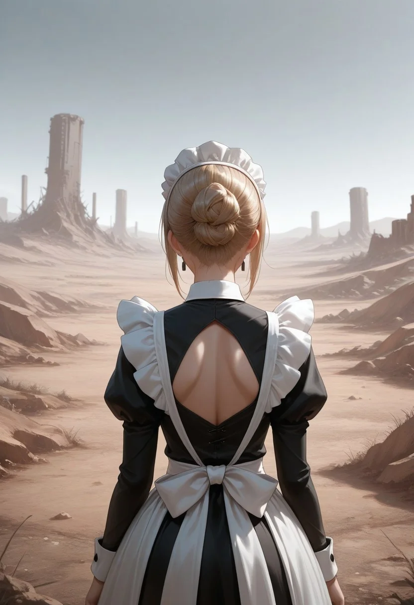 maid, from behind, wasteland, back cutout