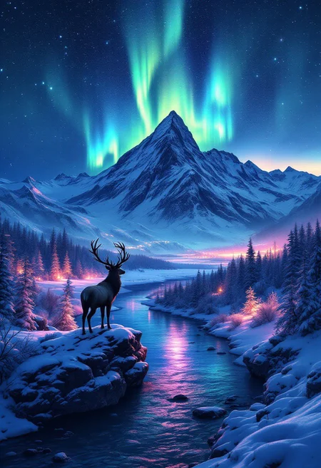 A cinematic and vibrant winter scene, where a majestic mountain range looms in the background, shrouded in darkness and illuminated by a mesmerizing aurora borealis. The sky is filled with countless stars, evoking a sense of awe and wonder. A serene river meanders through a snow-blanketed forest, mirroring the twinkling lights of the aurora. At the heart of the image, a majestic deer stands on a rocky outcrop, its antlers silhouetted against the night sky. The deer's gaze is directed towards the aurora, imbuing the scene with a sense of tranquility. The masterful composition of the image, with the contrasting colors of the dark mountains, bright aurora, and snowy landscape, creates a captivating and unforgettable visual experience., cinematic, vibrant
