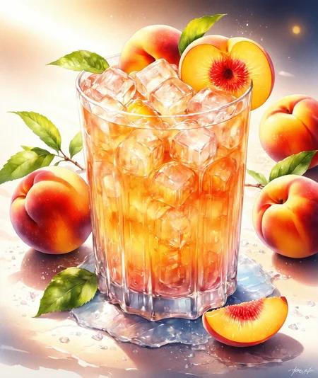 masterpiece,1cup,ice cube,peaches,drink,warmlight,Summer_drinking_style,<lora:Summer_drinking_style-model:1>,