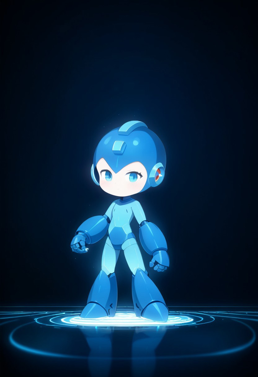 masterpiece, best quality, LIGHT ART PICTURE BOOK,( blue light:1.1), megaman, blue bodysuit, thick blue round armored gauntlet, thick blue round armored boots, right , blue helmet, sleek streamlined designed, clean aesthetic, robotic full body, cute, chibi,