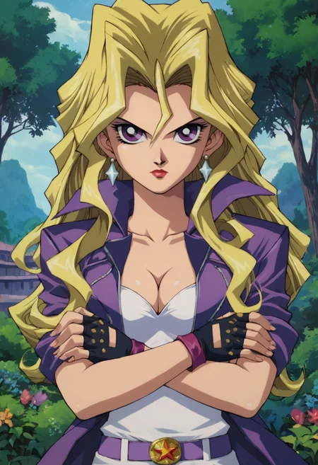 masterpiece,best quality, highly detailed, score_9, score_8_up, score_7_up, score_6_up,source anime,<lora:xl_more_art-full_v1:0.8>,
BREAK
<lora:mai:0.8>mai, 1girl, solo, blonde hair, jewelry, purple eyes, gloves, earrings, crossed arms, fingerless gloves, cleavage, breasts, long hair, lipstick, jacket, 1990s (style), makeup