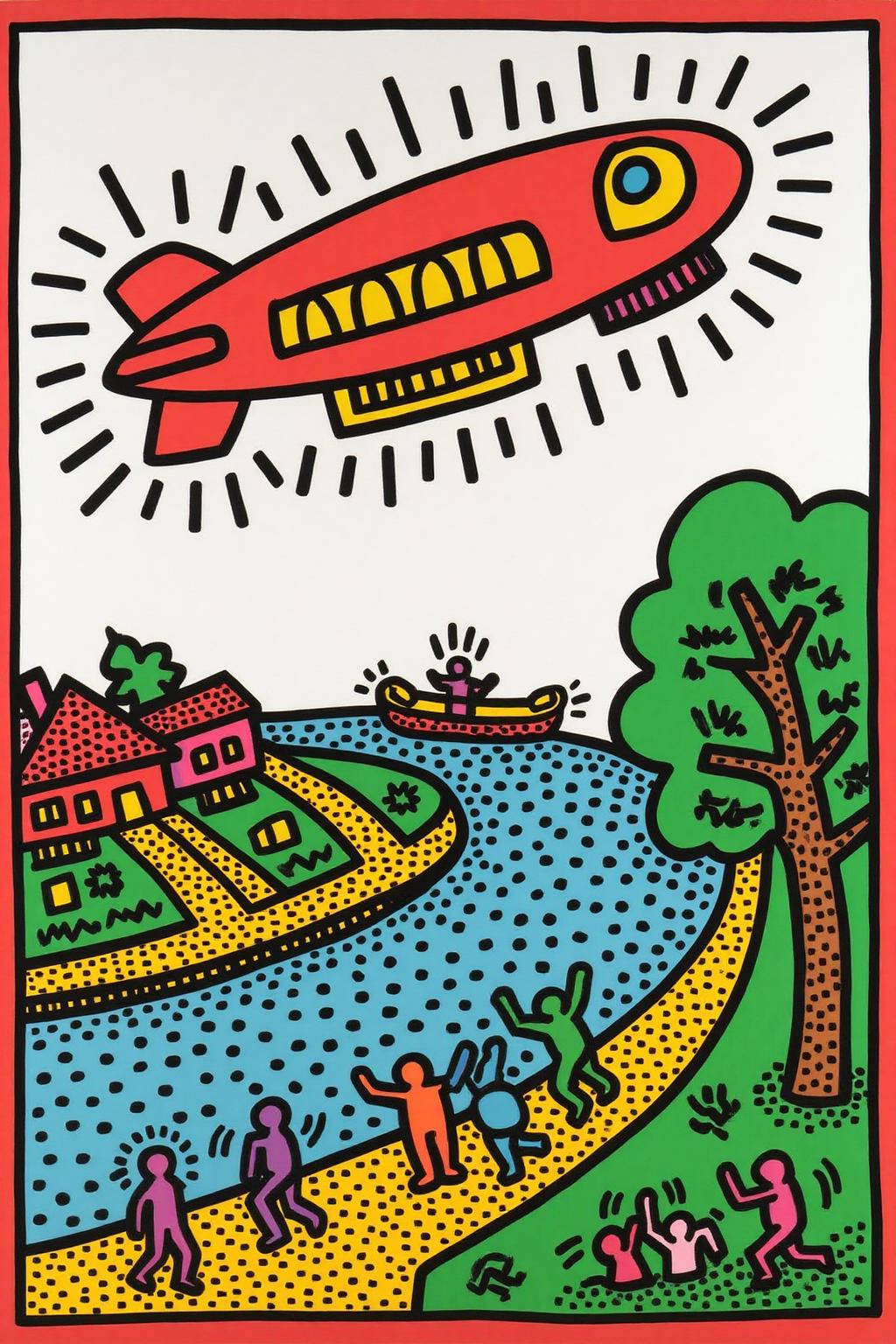 keithharing1 pop art illustration.
 The scene depicts a tranquil landscape along a river bank with a hot airship floating in the upper right against a pale, overcast sky. People are walking along the river bank. There are houses in the background.
 <lora:keithharing1_cap_d6a3:1.0><lora:834311888750935471:0>
