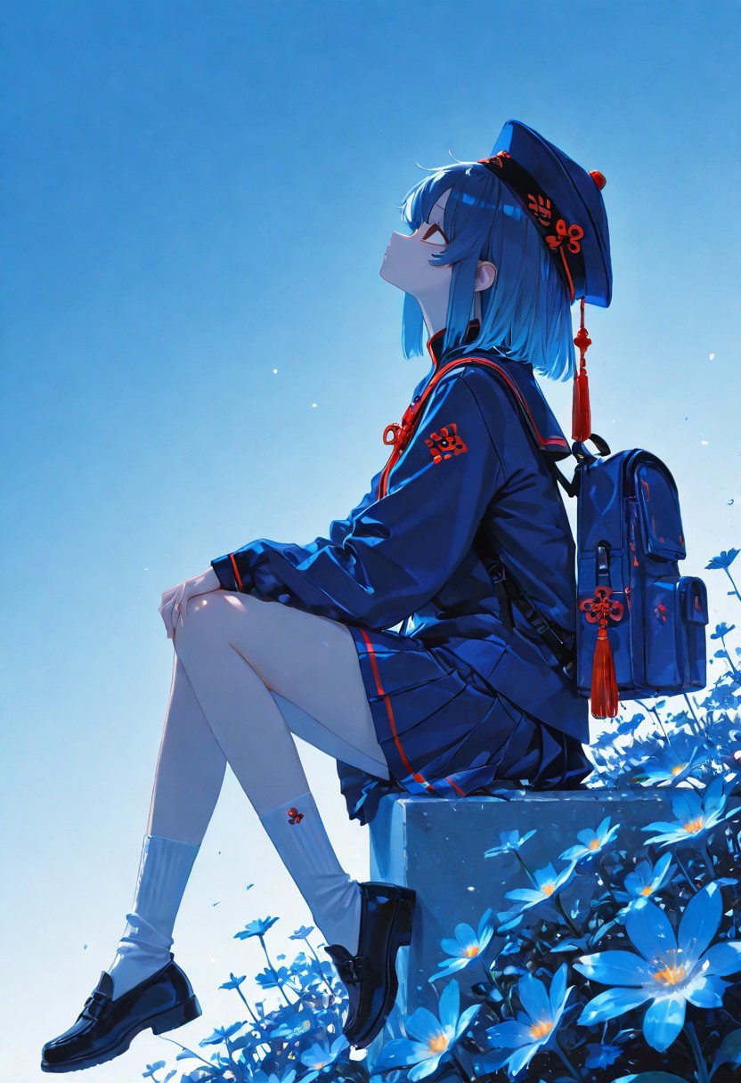 masterpiece, best quality, amazing quality, 1girl, solo, short hair, skirt, long sleeves, hat, holding, sitting, blue hair, jacket, school uniform, full body, flower, pleated skirt, shoes, socks, medium hair, sailor collar, bag, from side, blue skirt, gradient background, profile, blue background, white socks, blue jacket, backpack, looking up, blue theme, hand on own knee, blue bag <lora:noobai_ep11_stabilizer_v0.138_fp16:0.3> <lora:ppw_v7_noobVv1.0:0.5> <lora:XXX667:0.5> <lora:lpc_v10:0.4>