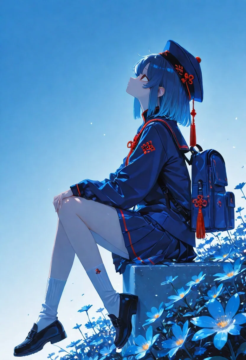 masterpiece, best quality, amazing quality, 1girl, solo, short hair, skirt, long sleeves, hat, holding, sitting, blue hair, jacket, school uniform, full body, flower, pleated skirt, shoes, socks, medium hair, sailor collar, bag, from side, blue skirt, gradient background, profile, blue background, white socks, blue jacket, backpack, looking up, blue theme, hand on own knee, blue bag <lora:noobai_ep11_stabilizer_v0.138_fp16:0.3> <lora:ppw_v7_noobVv1.0:0.5> <lora:XXX667:0.5> <lora:lpc_v10:0.4>
