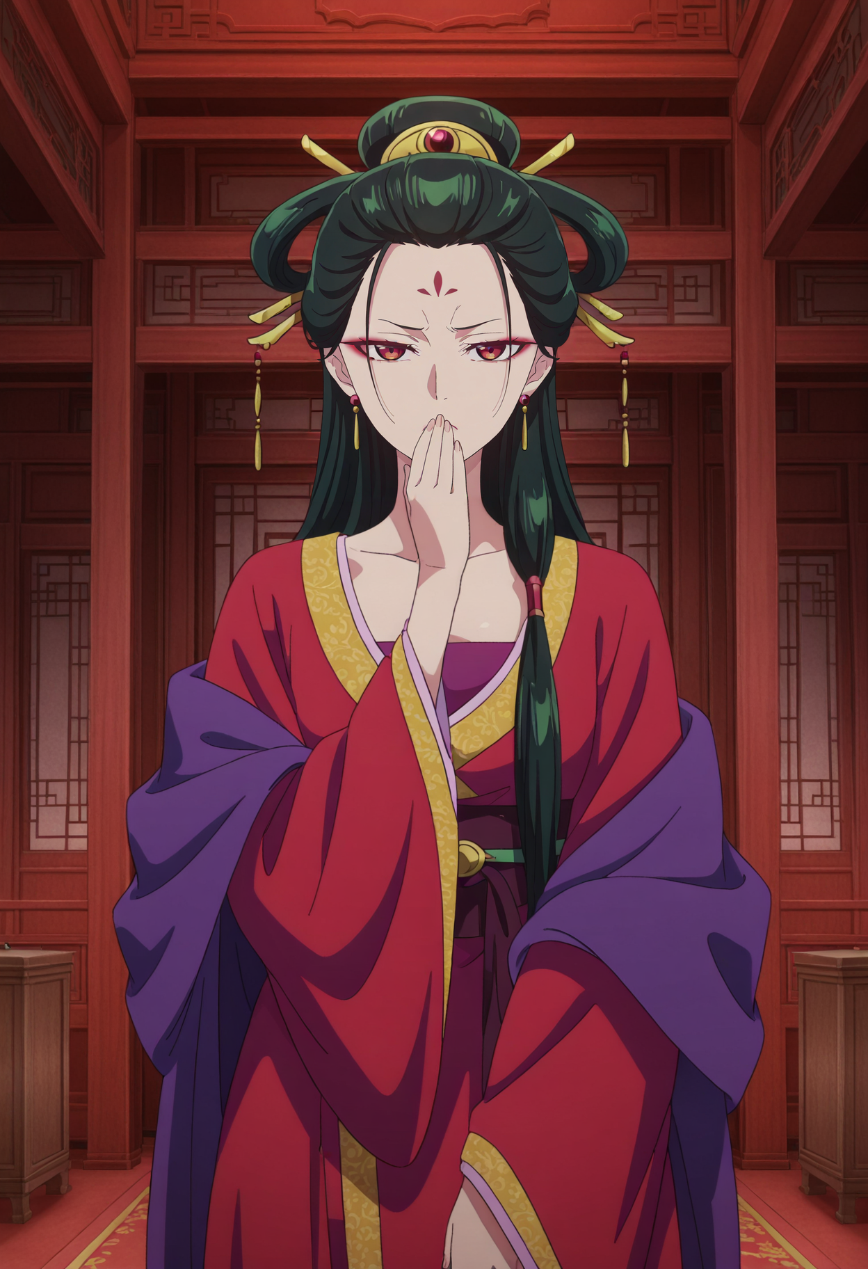 1girl,solo,mm,mature female,green hair,black hair,long hair,hair ornament,makeup,earring,forehead mark,red eyes,anime coloring,
japanese clothes,chinese clothes,kimono,hanfu,covering own mouth,looking at viewer, disgust, frown,indoors,cowboy shot, 
,masterpiece,best quality,amazing quality,<lora:Fengxian-The_Apothecary_Diaries:0.8>