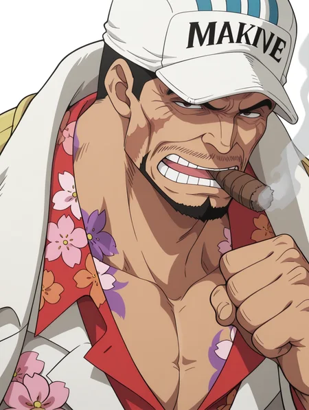 masterpiece, best quality, amazing quality, 1 boy, male focus, solo, Sakazuki, shirt, cigar, facial hair, flower, hat, White background, make a fist