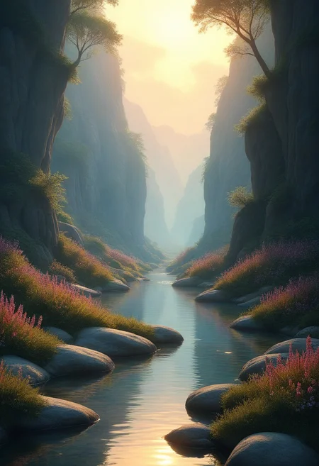 A serene fantasy landscape with intricate detail, soft lighting casting a warm glow over rolling hills and dense forests. The mood is peaceful yet magical, from a low-perspective angle that emphasizes vastness and wonder. The setting includes crystal-clear streams and vibrant wildflowers. Textures like smooth stone, detailed plant life, and reflective water surfaces add depth. Genres blend seamlessly into the scene's natural beauty. This prompt ensures a balance of detail and creativity to bring the image to life.