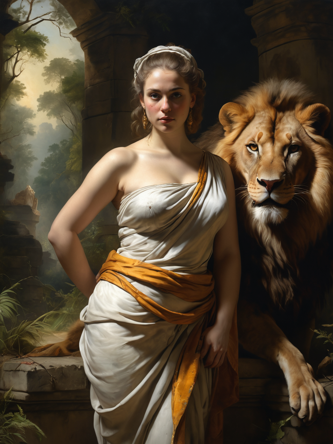 rembrandt oil painting of a busty woman wearing a toga having a lion as her side in ruins in the forest, chiaroscuro, perfect shading