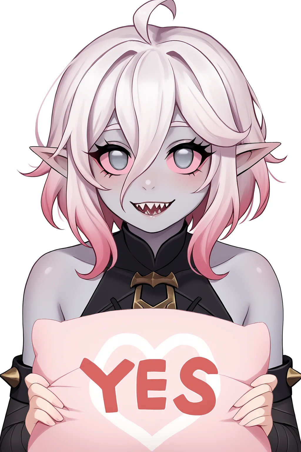 score_9, score_8_up, score_7_up, score_6_up, BREAK, BriarLoLXLv2, grey skin, colored skin, no pupils, grey eyes, pink sclera, white hair, pink hair, two-tone hair, gradient hair, short hair, hair between eyes, ahoge, pointy ears, sharp teeth, medium breasts, bare shoulders, black thight dress, detached sleeves, black bandaged sleeves, looking at viewer, seductive smile, white background, YesNoPillowConceptPXL, upper body, yes, pink pillow, holding pillow <lora:YesNoPillowConceptPXL:0.9> <lora:BriarLoLXLv2:0.8>