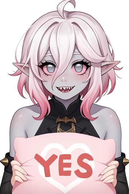 score_9, score_8_up, score_7_up, score_6_up, BREAK, BriarLoLXLv2, grey skin, colored skin, no pupils, grey eyes, pink sclera, white hair, pink hair, two-tone hair, gradient hair, short hair, hair between eyes, ahoge, pointy ears, sharp teeth, medium breasts, bare shoulders, black thight dress, detached sleeves, black bandaged sleeves, looking at viewer, seductive smile, white background, YesNoPillowConceptPXL, upper body, yes, pink pillow, holding pillow <lora:YesNoPillowConceptPXL:0.9> <lora:BriarLoLXLv2:0.8>