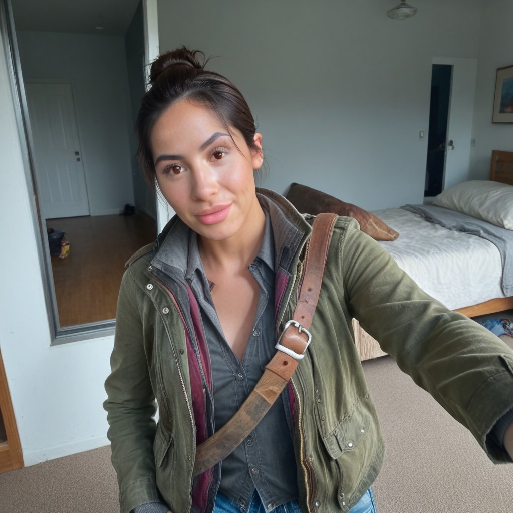masterpiece, best quality, realistic, break, rikki_dg, black hair, single hair bun, brown eyes, shirt, jacket, sash, fingerless gloves, jeans, selfie, from above,