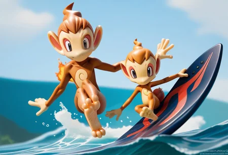 score_9, score_8_up, Score_7_up, score_6_up, score_5_up, Chimchar, Pokemon (creature), monkey, surfing, water, feet on surfboard, 3 toes, peach colored feet, foot focus, feet style, foot style