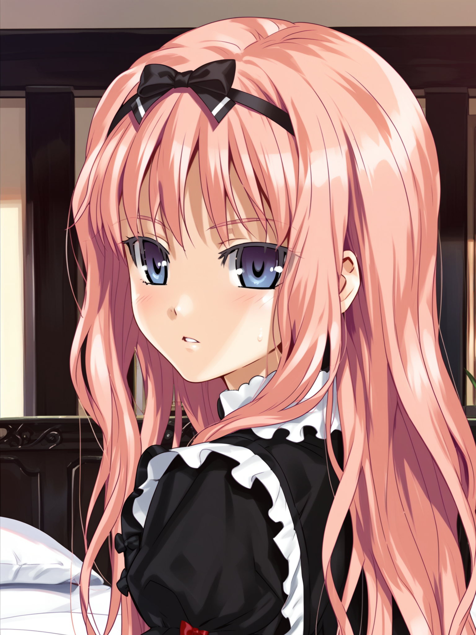 <lora:happy_tentacle-cecile-v0.1-000039:0.9>, ht_cecile, goth fashion, black dress, bedroom , 1girl, solo, upper body , , ( parted lips :1.2), , looking at viewer , standing , from behind , score_9, score_8_up, score_7_up, score_6_up, score_5_up, score_4_up