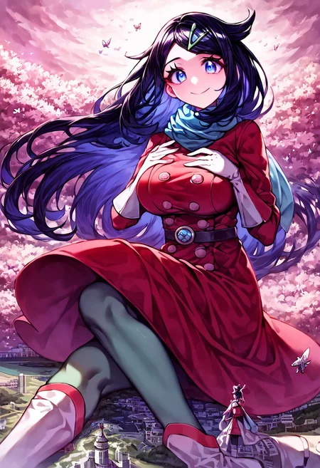 gorgeous lips, cinematic, (masterpiece), (best quality), (ultra-detailed), very aesthetic, perfect composition, intricate details, absurdres, detailed face, (anime, masterpiece, intricate:1.3), (best quality, hires textures, high detail:1.2), score_9, score_8_up, score_7_up, source_anime, 1girl, liko \(pokemon\), very long hair, black hair, blue highlights, blue eyes, eyelashes, hair ornament, scarf, dress, red dress, long sleeves, buttons, gloves, white gloves, belt, pantyhose, green pantyhose, boots, white heel footwear, butterflies, skirt, floral patterns, alternate_costume, large breasts, facial expression, kind, soft eyes, head tilt, slightly smiling, closed mouth, hand on breasts, breasts covered, goddess, planet size, giantess, enormous body, growing even bigger, towering over cities, small planet, in the city, sitting on a city, floating object, gradient eyes, beautiful detailed eyes, Chinatown background, Chinatown landscape, Chinatown, temples, outdoors, cherry blossom forest, small lakes, holding planet, (masterpiece:1.4), (best quality:1.4), (ultra-detailed:1.2), gl0w, glow,