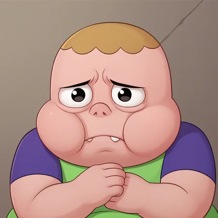 score_9, score_8_up, score_7_up, best quality, source_toon, Clarence, 1boy, male focus, no front teeth, tooth gap, closed mouth, chubby cheeks, human, plump, fat, young, wide hips, green shirt, purple sleeves, portrait, sad, big eyes, pouting, upset