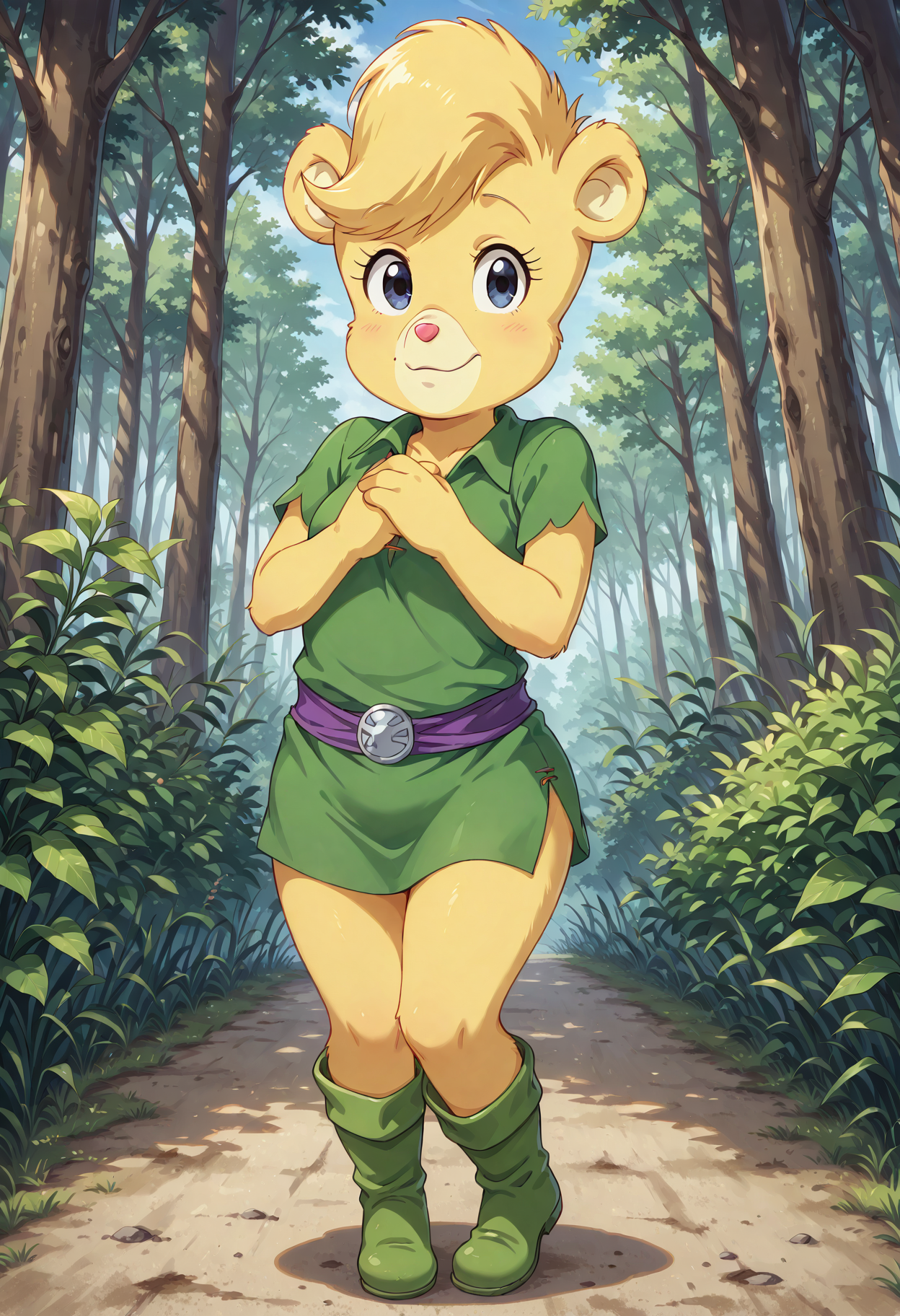 score_9, score_8_up, score_7_up, score_6_up, score_5_up, score_4_up,
1girl, Sunni, Gummi Bears, bear, dark blue eyes, yellow skin, yellow fur,
4 fingers, 4 toes, shortstack,
Green shirt, Boots,
detailed, beautiful, female, perfect eyes,
standing, posing, happy,
forest, dirty road,
full body shot
