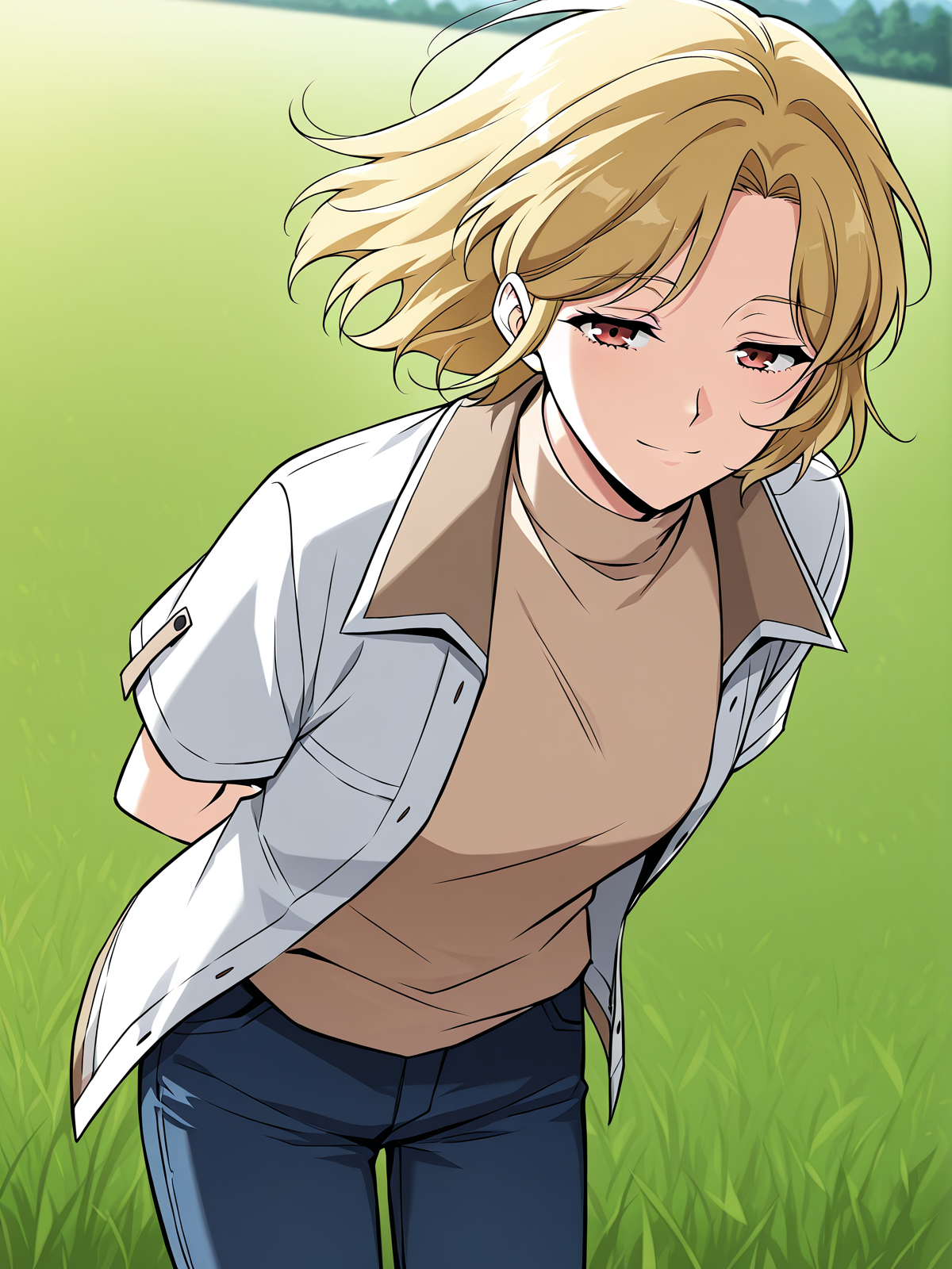 <lora:Omniscient_Readers_Viewpoint__Shin_Yoosung:1>
1girl, solo, short hair, blonde hair, soft expression, light skin,  red brown eyes,
white short-sleeve shirt, beige turtleneck sweater, dark blue jeans, brown boots, layered outfit, modern clothes, 
score_9, score_8_up, score_7_up, very aesthetic, source_anime, detailed, high quality, beautiful, masterpiece, detailed eyes, field, blurry background, pose dynamic angle, upper body, cowboy shot, light smile, floating hair, half-closed eyes, hands behind back, leaning forward, looking forward, looking at viewer