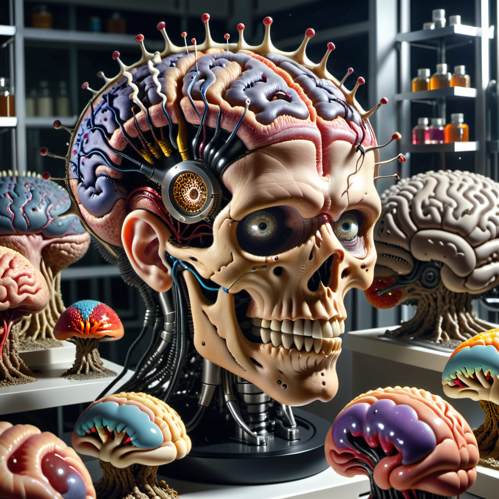 An (extremely detailed:1),vast,weird,chaotic dream landscape of crazy (genetically engineered) brains in a research lab. (hyper-realistic),(overwhelmingly captivating),real intricately elaborate and (insanely strange:1.0) brain alteration with (incredibly absurd:1.0) brain anatomy. Random (Occult Chaos:1) brain nonsense. Hyper-detailed Photography,, Ultra-HD-details