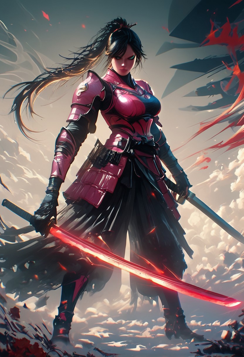 score_9, score_8_up, score_7_up, hkwarrior, Inkblast, A warrior holding a sword, realistic, female, large breasts, pink armor, full body, perfect face, beautiful face, long black hair,  straight hair, ponytail, perfect eyes, perfecteyes, green eyes, detailed background, in combat, warriors fighting around her,