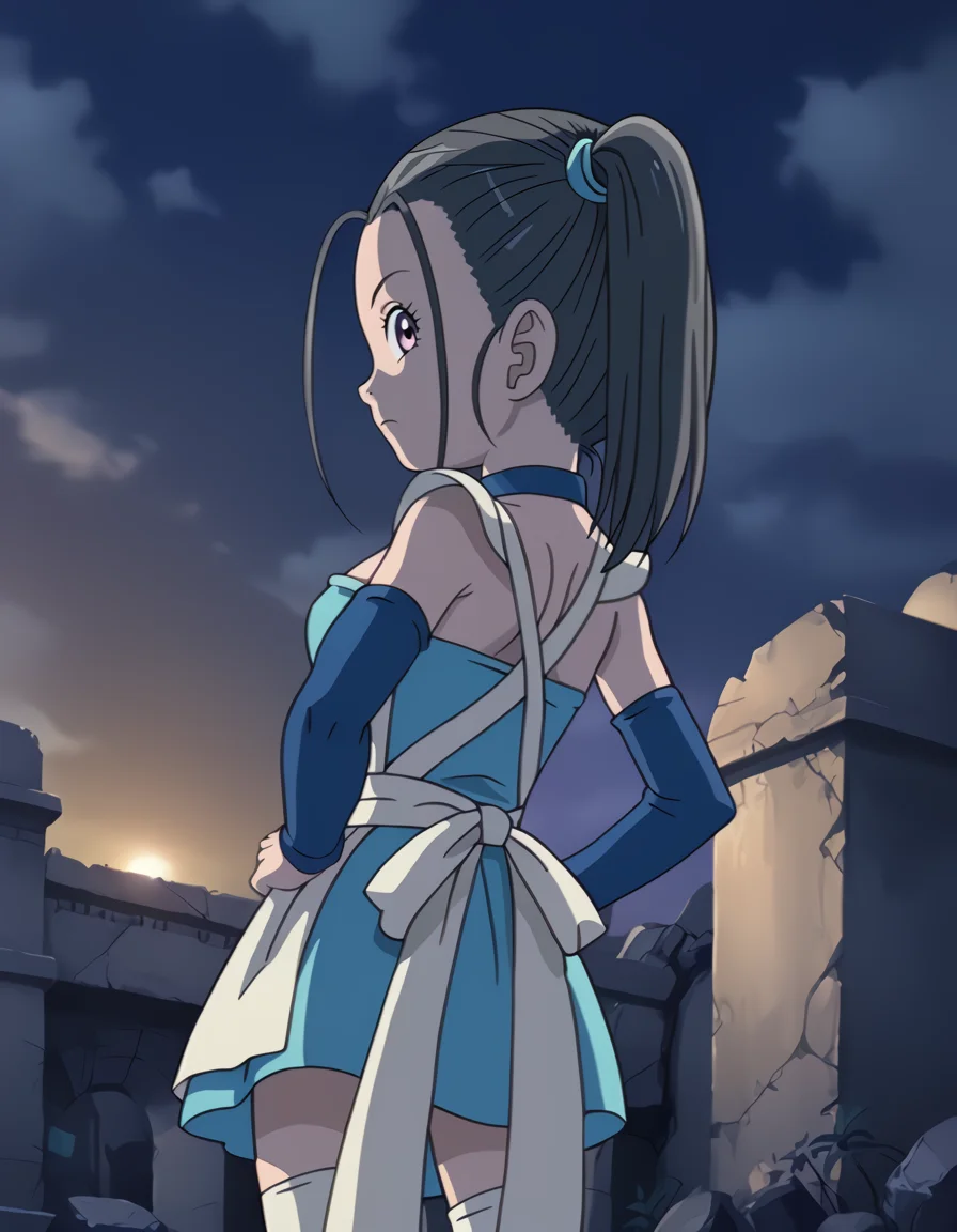 score_9, score_8_up, score_7_up, anime screencap, boubd, blue choker, strapless dress, white apron, detached sleeves, white thighhighs, solo, from behind, dutch angle, cowboy shot, profile, looking back, looking at viewer, closed mouth, frown, standing, hands on own hips, outdoors, ruins, rock, nature, evening, purple sky, dim lighting