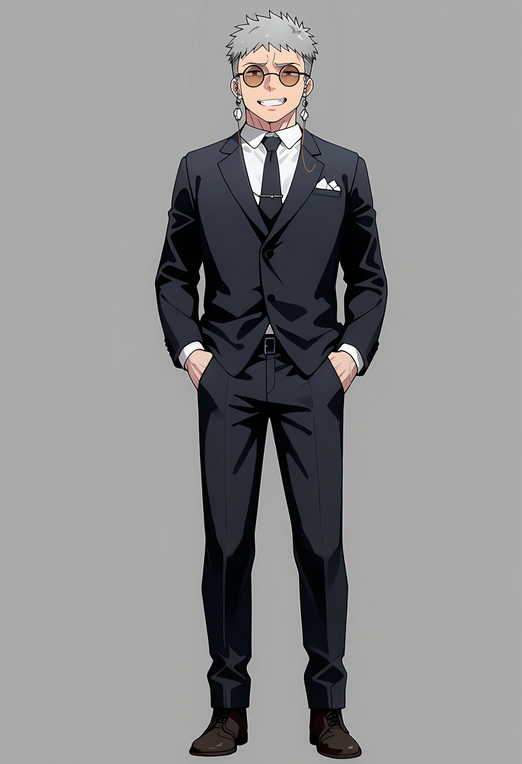 <lora:Fujimoto_Shiro_Blue_Exorcist__Ao_No_Exorcist__éã®ç¥é­å¸«_v2:1>,
fsh1r0,grey hair,red eyes,1boy,male focus,solo,round eyewear,glasses,fsh1r0_eyewear_strap,fsh1r0_outfit,(muscular male:0.6),
grin,looking at viewer,full body,formal,suit,black necktie,white collared shirt,simple background,
masterpiece,best quality,amazing quality,absurdres,highres