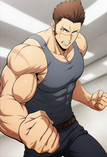 1boy, kenzotanaka_sololeveling, short hair, brown hair, (brown eyes), sharp hair,sideburns , scar on face, gray tanktop, pants, Middle Ages, score_7_up, score_6_up, score_8_up, score_9_up, manly, muscular, (stocky body), (big muscle), big arms, abs, looking at viewer, ((detailed eyes)), face_focus, first-person perspective, pov, 8k uhd, high quality, (veiny arms),  a muscular man in large empty gym,   running, big pectorals, armpit, open arms, fight pose, cinematic angle, 