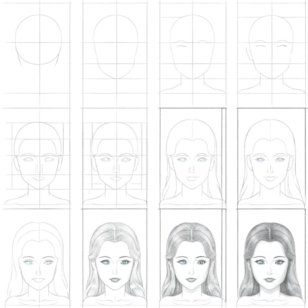 howtodraw, greyscale, beautiful woman, with proportions, 6 steps