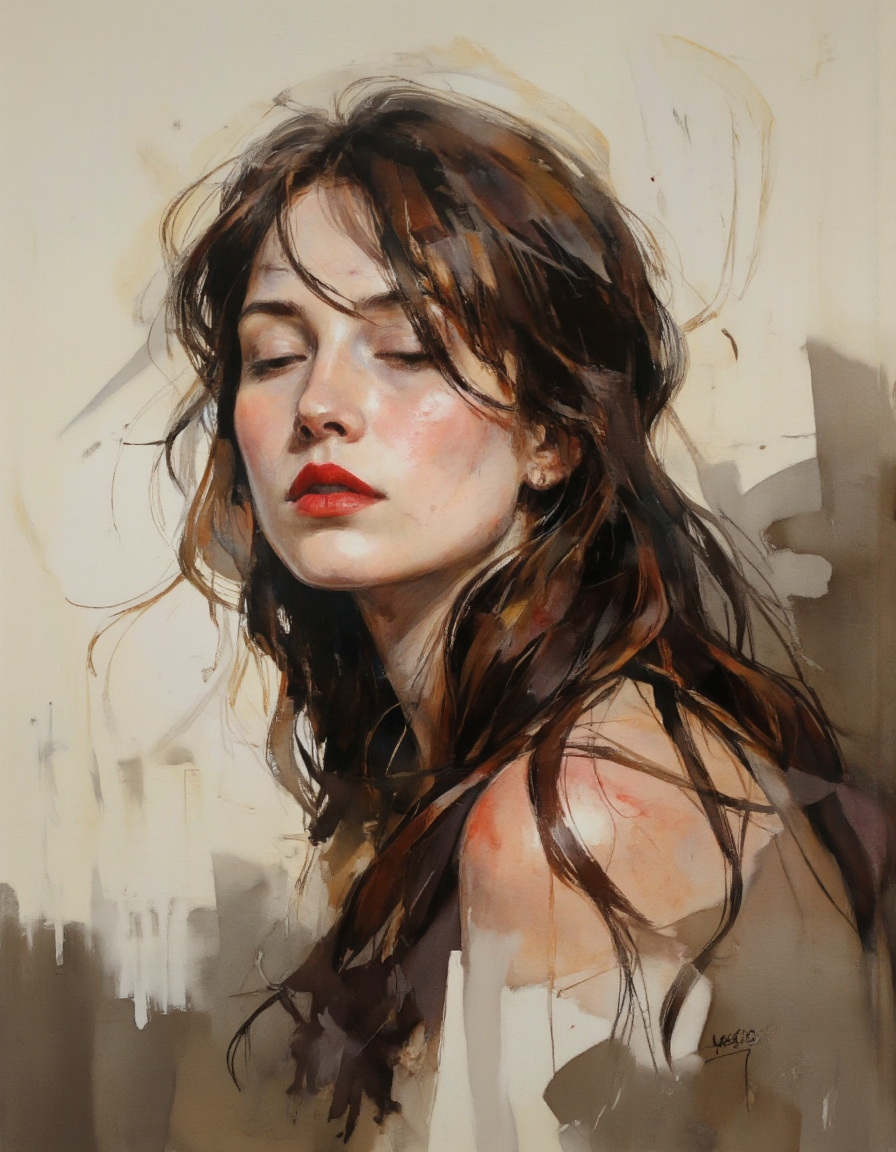 AquarelleIV. A close-up portrait of a woman with long, flowing brown hair and striking red lipstick, captured from a portrait camera angle. the woman, who appears to be in her mid-twenties, is positioned in the middle of the image, with her upper body facing the viewer. she has a serene expression with her lips slightly parted, and her eyes are closed, giving off a hint of mystery. her hair is messy and unkempt, with some strands framing her face. the background is a simple, abstract mix of light beige and dark brown tones, creating a subtle contrast with the woman's striking features. the artist's signature "kasio" is visible in the bottom right corner, along with a watermark that reads "001x2023" and "1223".