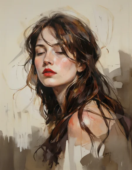 AquarelleIV. A close-up portrait of a woman with long, flowing brown hair and striking red lipstick, captured from a portrait camera angle. the woman, who appears to be in her mid-twenties, is positioned in the middle of the image, with her upper body facing the viewer. she has a serene expression with her lips slightly parted, and her eyes are closed, giving off a hint of mystery. her hair is messy and unkempt, with some strands framing her face. the background is a simple, abstract mix of light beige and dark brown tones, creating a subtle contrast with the woman's striking features. the artist's signature "kasio" is visible in the bottom right corner, along with a watermark that reads "001x2023" and "1223".