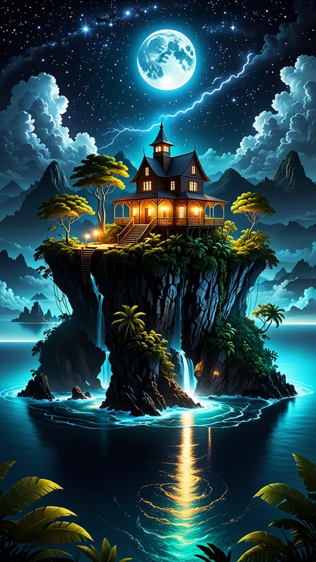 Isolated tiny island at the middle of the ocean with an extremely luxurious villa surrounding a creepy jungle at night, night photography, nocturnal beauty, city lights, starry skies, celestial wonders, moonlit landscapes, urban glow, capturing the essence of darkness, ethereal atmosphere, dramatic shadows, magical ambiance, long exposure techniques, expert use of light sources, surreal photography, dreamlike imagery, subconscious exploration, bending reality, imaginative narratives, juxtaposing elements, evoking wonder and awe, transcending boundaries, challenging perceptions, fantastical landscapes, otherworldly atmospheres, Modernism illustration style, embraces experimentation and abstraction, breaks away from traditional representation, explores new forms and techniques, reflects the spirit of innovation and progress., Fantasy illustration style, transports viewers to imaginative worlds, epic landscape, and heroic adventures, sparks wonder and inspiration
