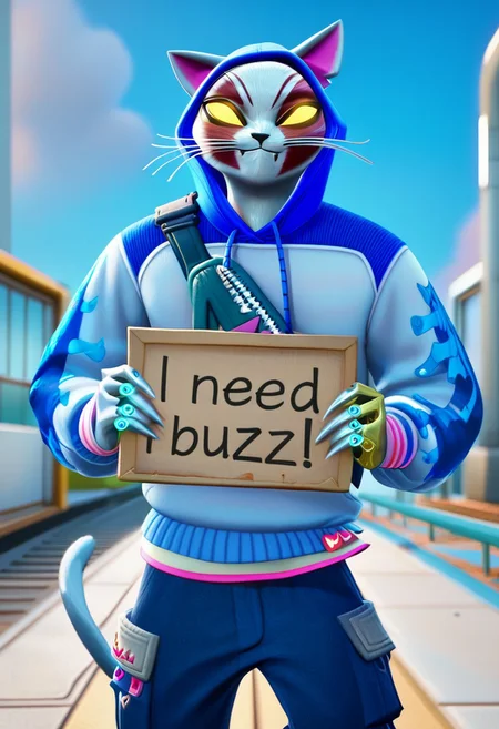Nyanja_Default, humanoid white cat, glowing yellow eyes, whiskers, sleek white fur with red details, feline ears, wearing a white and blue hoodie with a blue hood, dark blue cargo pants, white and blue sneakers, carrying a compact green sling bag across his chest, cybernetic hand with glowing blue highlights, long conjoined tails with pink stripes swaying behind him, mint socks,
masterpiece, best quality, amazing quality, 8k, face focus, face only, looking at viewer, need_buzz, holding sign, solo,