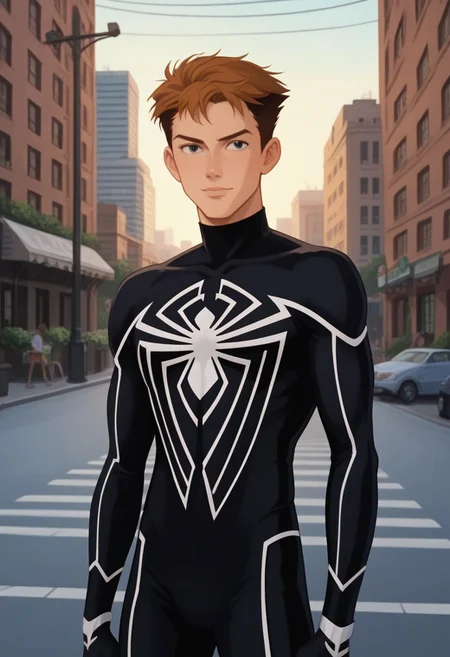 score_9, score_8_up, score_7_up, score_6_up, score_5_up, zPDXL3, zPDXLrl, source_anime, masterpiece, newest, highly detailed, absurdres, rating_safe, solo, 1boy, male focus, spiderman, black costume, outdoors, brooklyn, new york city, slim, skinny, perfect face, cowboy shot, standing, intricate detail, petite, twink, anime_screencap, posing for camera,