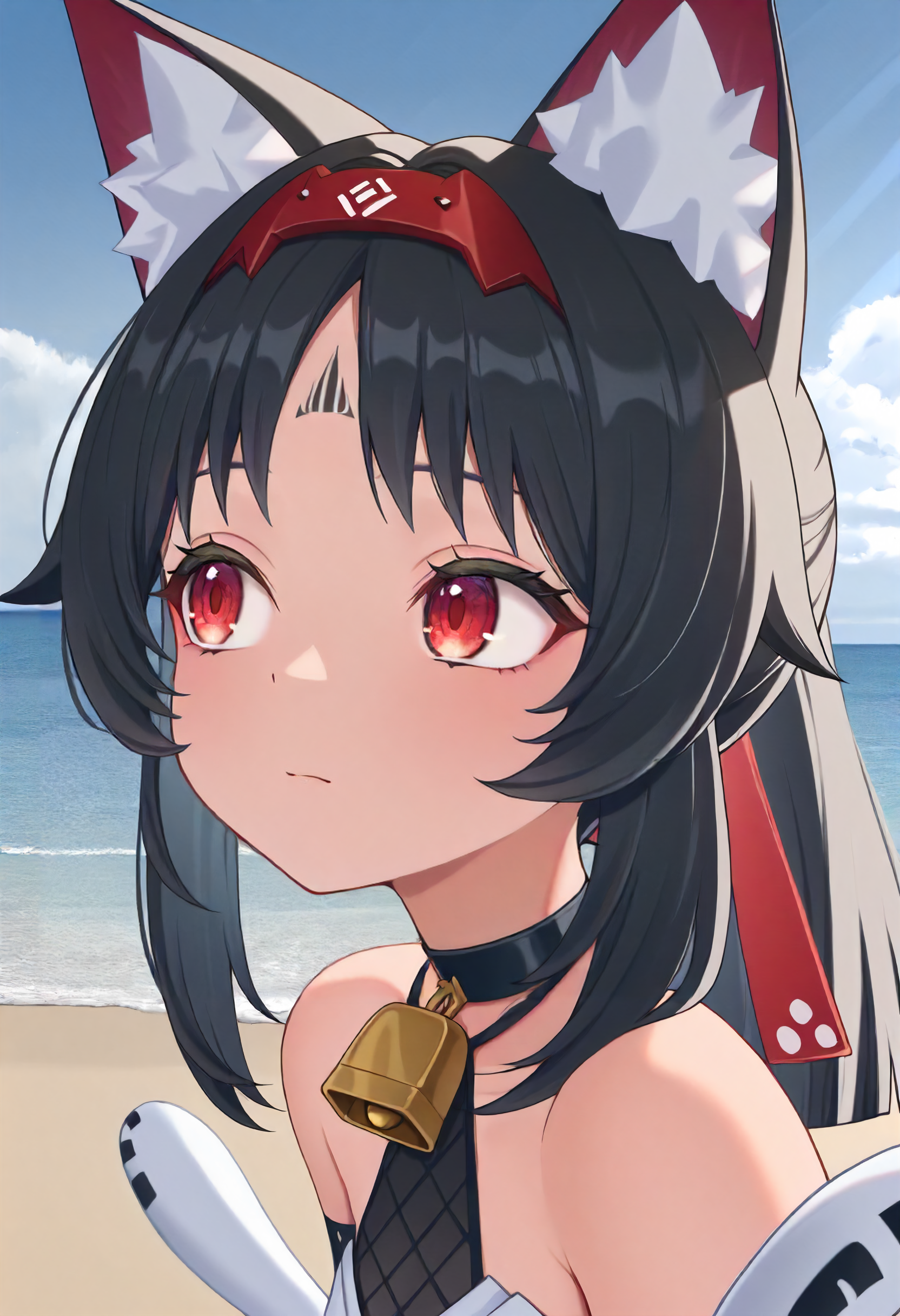 masterpiece, best quality, amazing quality, very aesthetic, absurdres, newest, scenery, volumetric lighting, perfect eyes, ultra detailed,
1girl, Nekomiya Mana, solo, forehead tattoo, cat ears, red hair band, black hair, ponytail, red ponytail lace, red eyes, 
choker, cowbell, black mesh, white top, white sleeve laces,
closeup, face closeup, portrait, beautiful face, looking away, focused face, concerned face,
beach, ocean, horizon, clouds, organe sky, detailed background, beautiful frame,
<lora:Nekomiya_Mana__Nekomata_-_Zenless_Zone_Zero_ZZZ__Illustrious:1>
masterpiece, best quality, amazing quality, very aesthetic, absurdres, newest, scenery, volumetric lighting, perfect eyes, ultra detailed,