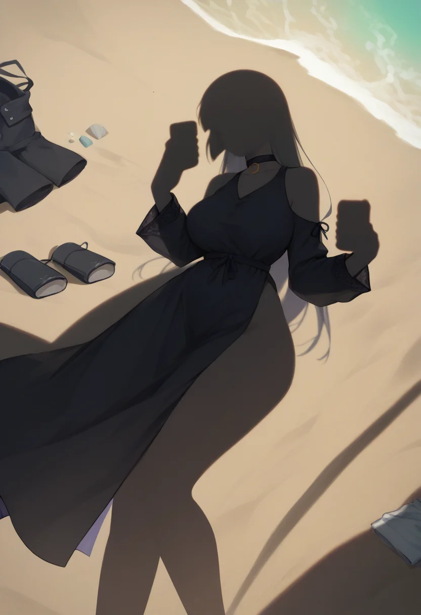 score_9, score_8_up, score_7_up, shadow, outdoors, beach, silhouette, holding phone, cellphone, unworn clothes, nude, <lora:DressedShadowMeme_pdxl_Incrs_v1:1.2>, <lora:Hoseki_BocchiTheRock_Pasan_PDXL_v2:0.8> pasan, large breasts, hime cut, choker, black dress, long dress, shoulder cutout, sleeves past fingers
