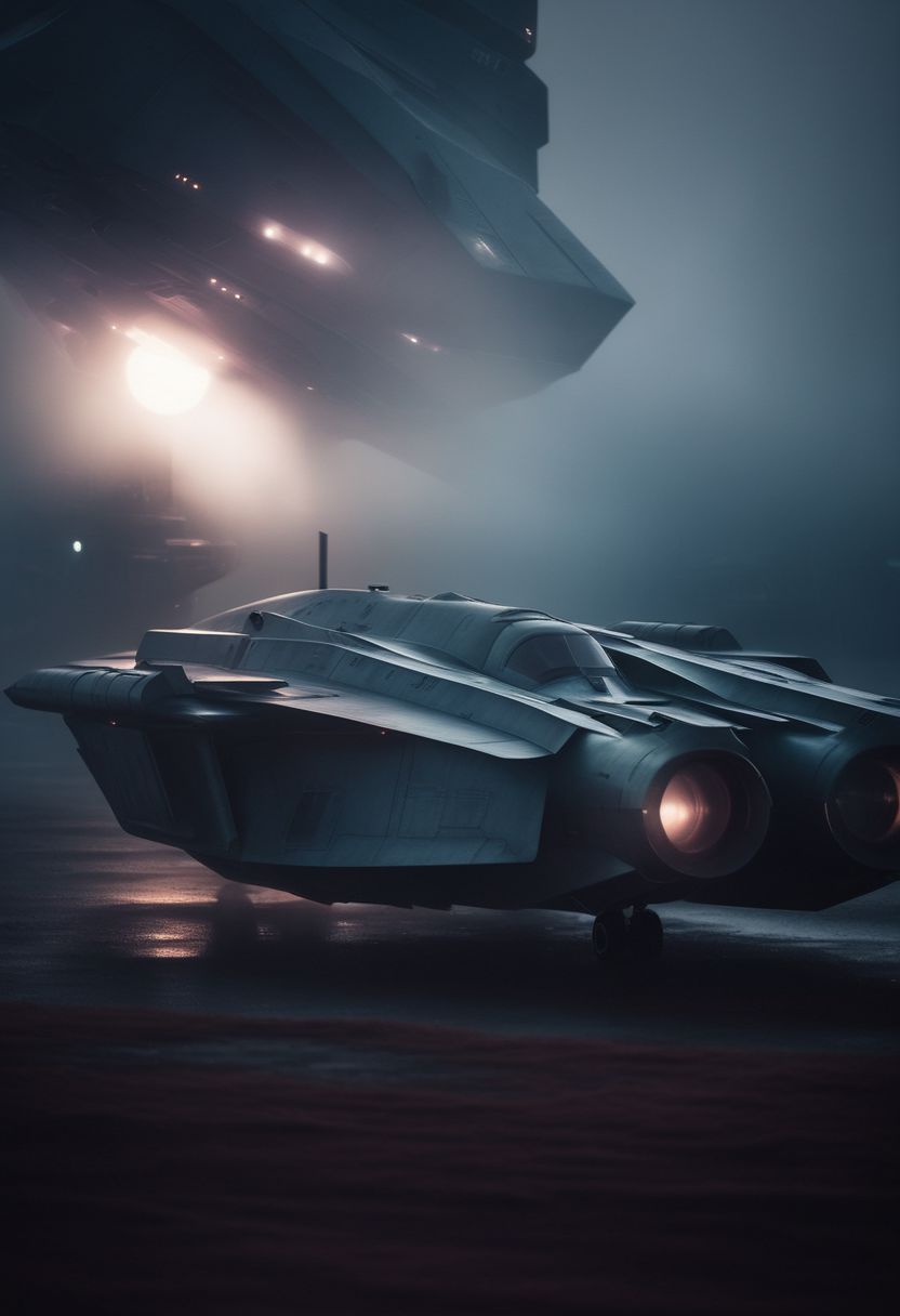 closeup shot of fight aircraft, in futuristic and sci-fi city, during twilight, dramatic, moddy, misty environment, low contrast muted colour tones, shot on a 500mm zoom lens, with a extreme shallow depth of field, creating a dreamy lens flare, shrouded in atmospheric fog, cinematic masterpiece, film noir asthetic, inspired by Christopher Nolan
