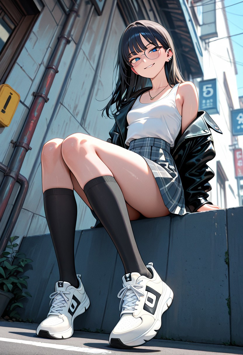 8K, best quality,masterpiece,amazing quality,ultra-detailed,delicate illustration, best shadows, very detailed, scenery, depth of field, volumetric,  cinematic perspective, hyper-realistic, masterpiece, best quality, amazing quality, highly detailed, very aesthetic, newest) , , sexy pose,
blushing, asian girl, small head, pretty girl, korean girl,
((slim body)), (small breasts), Dynamic angle, Dynamic pose, 
ear piercings, Nswf, ,,,,,>,
1girl, open black jacket, leather jacket, athletic sneakers, plaid skirt, black knee high socks, necklaces, off shoulder, blue eyes, dark hair, long hair, dynamic angle, sitting, on top of a wall, from below, outdoors, street, white tank top,smirk, glasses, looking at viewer,
masterpiece, best quality, very awa, absurdres, highres, newest, very aesthetic,