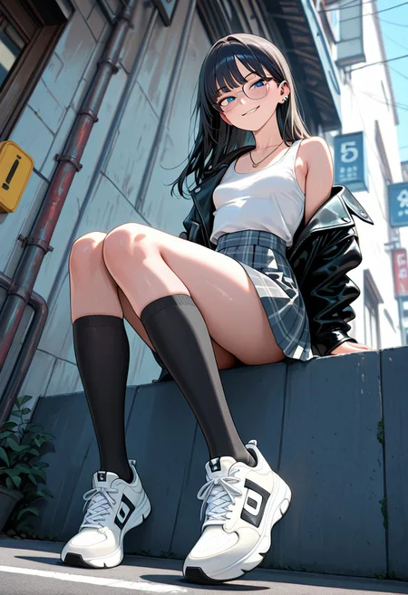 8K, best quality,masterpiece,amazing quality,ultra-detailed,delicate illustration, best shadows, very detailed, scenery, depth of field, volumetric, cinematic perspective, hyper-realistic, masterpiece, best quality, amazing quality, highly detailed, very aesthetic, newest) , , sexy pose,
blushing, asian girl, small head, pretty girl, korean girl,
((slim body)), (small breasts), Dynamic angle, Dynamic pose,
ear piercings, Nswf, ,,,,,>,
1girl, open black jacket, leather jacket, athletic sneakers, plaid skirt, black knee high socks, necklaces, off shoulder, blue eyes, dark hair, long hair, dynamic angle, sitting, on top of a wall, from below, outdoors, street, white tank top,smirk, glasses, looking at viewer,
masterpiece, best quality, very awa, absurdres, highres, newest, very aesthetic,