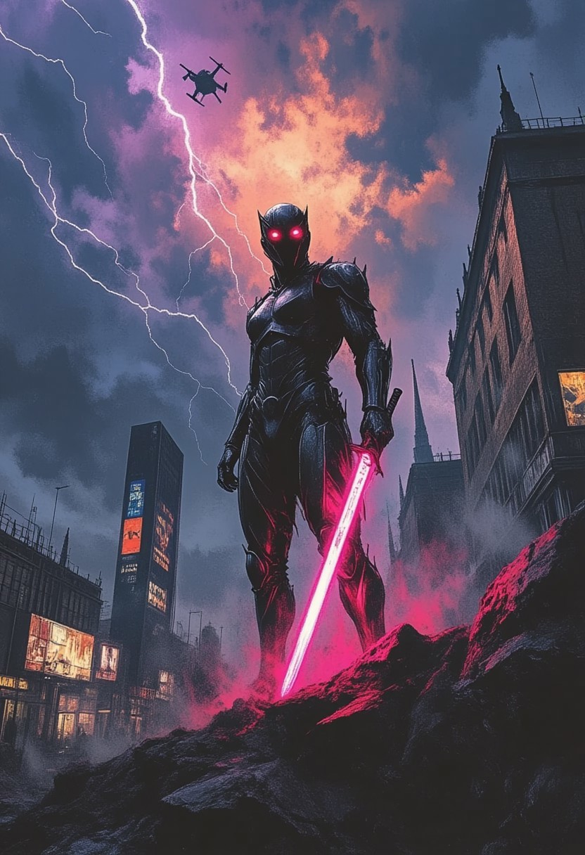 A shattered dystopian metropolis sprawls beneath a storm-torn sky, where turbulent clouds churn with streaks of violet and fiery orange, illuminated by jagged lightning that cuts through the gloom. The air is alive with the chaos of a soulstorm—an ethereal tempest of swirling, spectral energy that spirals through the ruins, its glowing trails pulsing with hues of cyan, crimson, and ghostly silver. Sharp, directional lighting breaks through the chaos, casting dramatic shadows that ripple across the cracked surfaces of the decayed cityscape.
In the foreground, a close-up reveals a lone figure standing amidst the storm. His armor, a blend of matte black plating and glowing red circuitry, glistens with droplets of rain and spectral light as arcs of energy reflect off its surface. The figure grips a humming plasma blade, its shifting magenta glow illuminating their tense posture and the twisted tendrils of fog that coil around his feet.His visor flashes with a faint amber glow, concealing their expression as the storm’s howling winds whip past them.
Behind, colossal drones hover silently, their searchlights cutting through the haze, while towering ruins flicker with remnants of holographic propaganda. The soulstorm intensifies, lightning illuminating the ghostly forms of spectral beings caught within its grasp, their haunting wails echoing across the desolate landscape. The figure’s silhouette stands defiant, a stark contrast against the chaos and destruction swirling around them.