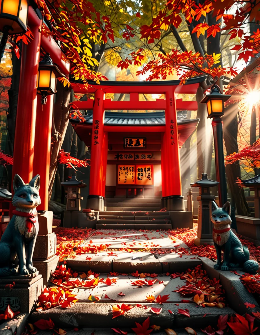 A breathtaking Inari shrine hidden within a serene Japanese forest during autumn. The scene is illuminated by the soft glow of traditional stone lanterns, casting warm golden light on the vibrant red torii gates that form a mesmerizing tunnel leading up the shrineâs stone steps. The ground is covered with delicate fallen maple leaves in shades of crimson, orange, and yellow. Kitsune (fox) statues with intricate details guard the entrance, wearing red bibs symbolizing their sacred role. The shrineâs wooden structure is adorned with ancient calligraphy and shimenawa ropes, exuding a mystical and spiritual atmosphere. Sunlight filters through the dense foliage, creating a tranquil interplay of light and shadow. The air feels crisp and filled with a sense of reverence and peace. The image is captured in a hyper-detailed, photorealistic style, with high dynamic range lighting enhancing the depth and richness of the colors.
<lora:SDXLFaeTastic2400:0.4> <lora:extremely_detailed:0.4> extremely detailed, <lora:Inari_shr1n3:1>,Inari shr1n3, Masterpiece,best quality,hi res,8k,hi res,8k,award winning,(sharp focus, intricate, highly detailed),