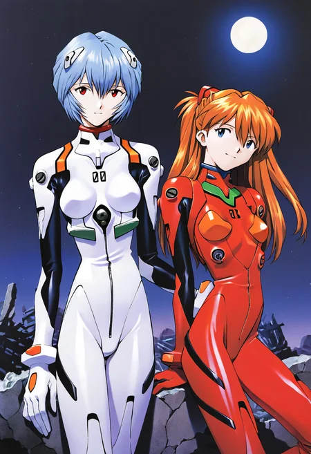 masterpiece,best quality,artist:Sadamoto Yoshiyuki ,
2girls,ayanami rei,plugsuit,souryuu asuka langley,blue hair,white bodysuit,red bodysuit,red eyes,short hair,blue eyes,interface headset,headphones,long hair,orange hair,smile,pilot suit,full moon,night sky,ruins,traditional media,