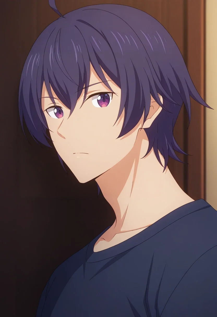 masterpiece, best quality, , semi-realistic, looking at viewer, 1boy, solo, male focus, <lora:shin_wolford_ilxl:0.96>, shin_wolford, purple hair, purple eyes, short hair, ahoge, hair between eyes, , ,