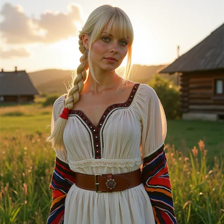 analog photography, shot by Kodak Duaflex II, ultra detailed, ultra quality, cinematic,  dynamic posing, sensual pose, bangs, a mesmerizing woman with platinum blond hair woven into an elegant braid, adorned with bright red ribbons, standing in a lush meadow. She wears a traditional Romanian blouse (ie) with intricate black and red embroidery, symbolizing fertility and protection. Her flowing white skirt features delicate floral lace along the hem, and a wide, beaded belt accentuates her waist. Over her shoulders, she drapes a vibrantly woven wool shawl with geometric patterns. Her gaze is soft and mysterious, her Slavic cheekbones illuminated by the golden sunset as she stands near a quaint wooden village.  <lora:Janacovaxhres-grm80vx:1> jancov
