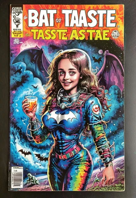 Vintage comic book with title text: ("Bat Taste":1.4), Grateful Dead flower power, peace symbol, tiedye, super cute 60's retro space girl in a tiedye space suit with Atomictits fighting a jelly brain alien in the style of Robert Crumb, highly detailed, UHD, Masterpiece