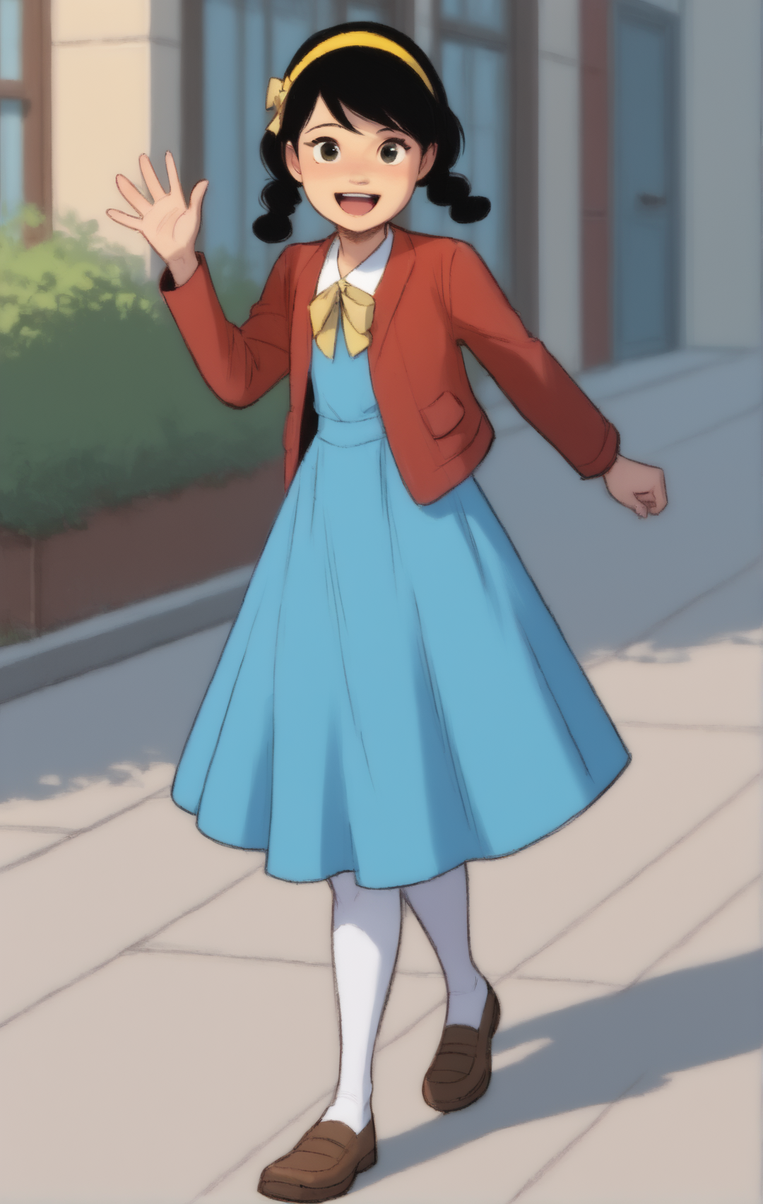 score_9, score_8_up, score_7_up, high quality, masterpiece,
1girl, solo, Roberta Lee, Twin braids, Black Hair, yellow headband, red jacket, blue dress, black eyes, bow, walking, white pantyhose, sidewalk, smiling, (((good hands))), good fingers, (((good eyes))), cute, petite body, short, (shortstack), slender body, ((good legs)), waving, (((clean linework))), looking at viewer, (short legs), skinny
     <lora:Pony_QualityV4.0:3>,<lora:DetailedPerfect_hands_r1:0.5>,<lora:Guruhiru_Style:0.6>,<lora:Roberta_Lee-000014:1>